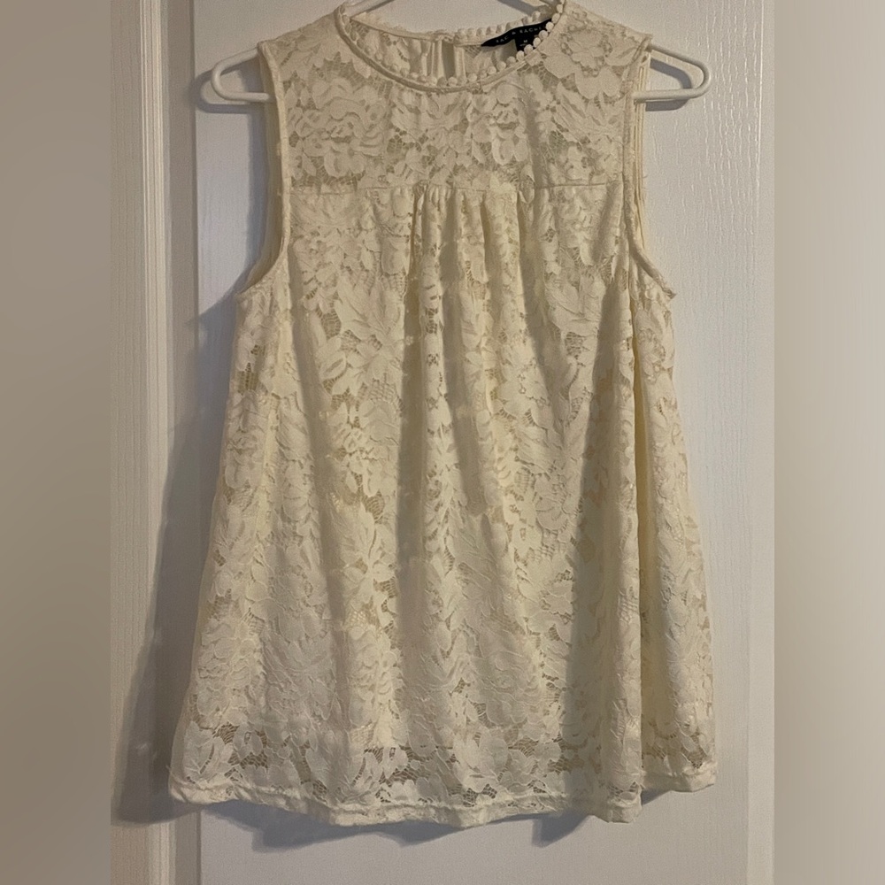 Zac & Rachel Lace Blouse Womens‎ M Ivory Excellent Sleeveless Keyhole Pom Trim